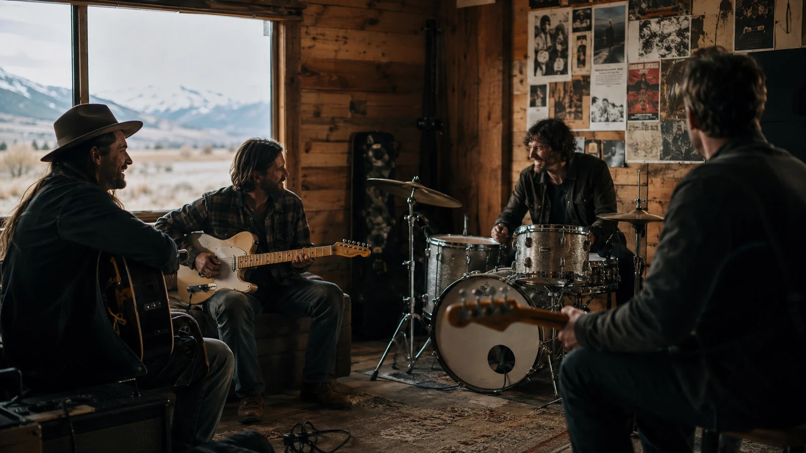 Mission Mountain Wood Band musicians during a relaxed cabin jam session