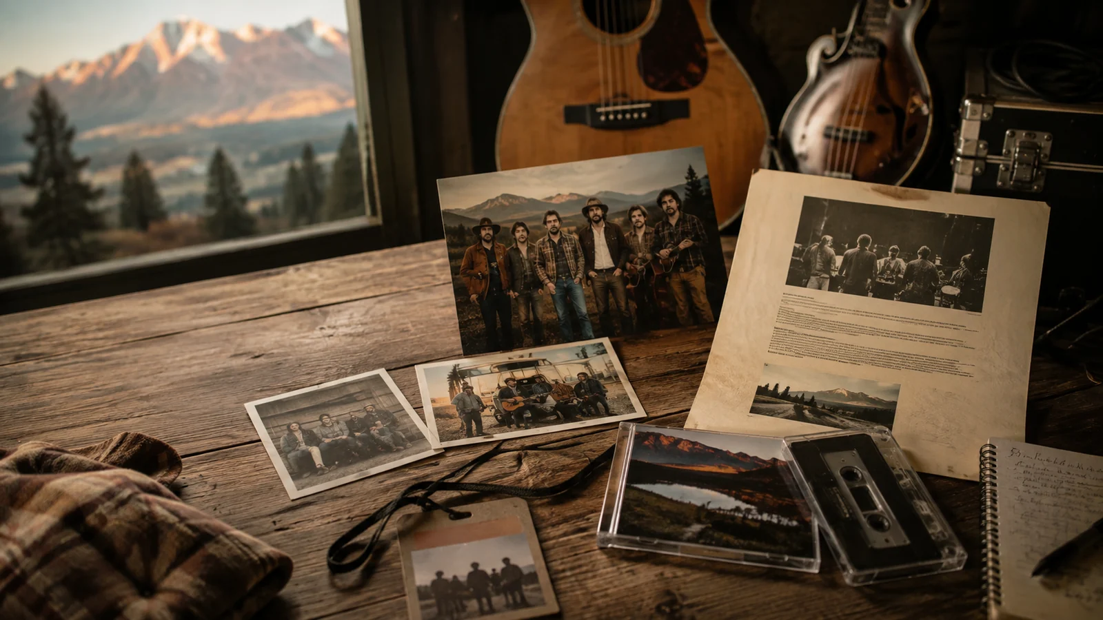Mission Mountain Wood Band memorabilia and promotional materials on a table